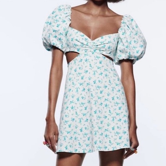 Zara Floral Ditsy Blue Puff Sleeve Cutout mini dress Womens Size Medium - Picture 1 of 7